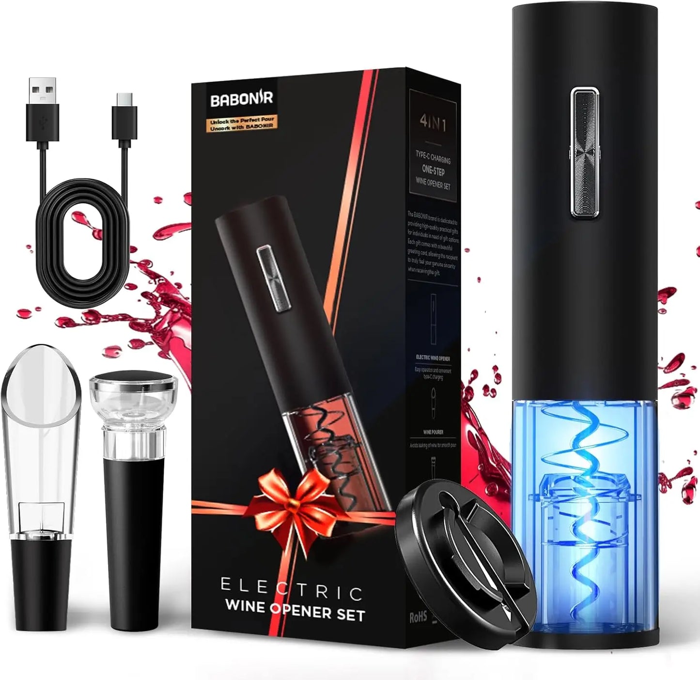 Automatic Electric Wine Opener Set with LED, Vacuum Stopper, Pourer & Foil Cutter for Home Parties