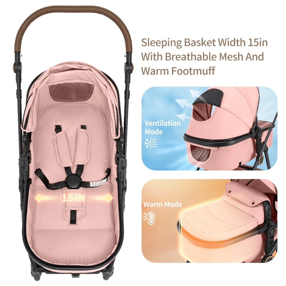 2 in 1 Baby Stroller Foldable  Adjustable Canopy