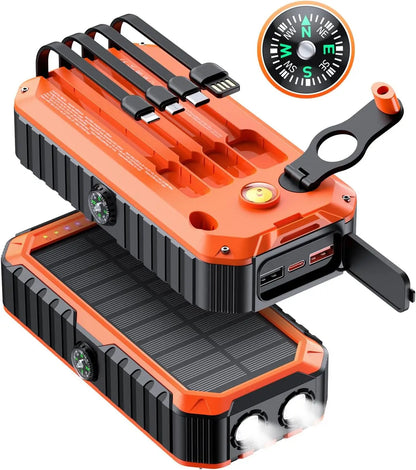 Solar Charger Power Bank 40000mAh Built in 4 Cables and Hand Crank,Portable Charger 6 Outputs & 4 Inputs External Battery Pack