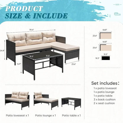 3 Piece Patio Furniture Set Wicker Rattan Sofa