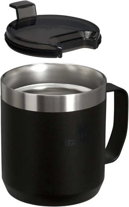 Insulated Stainless Steel Camp Mug with Press-Fit Lid, BPA-Free, Holds Coffee, Tea & Drinks, 12 oz Capacity in Black