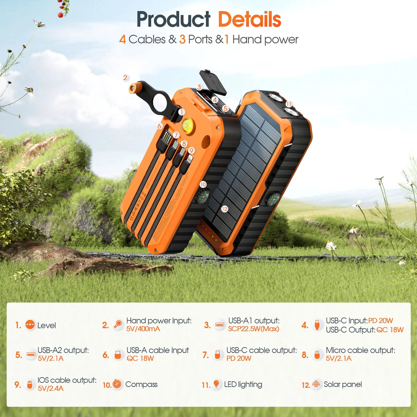 Solar Power Bank Built-in Flashlight Charger