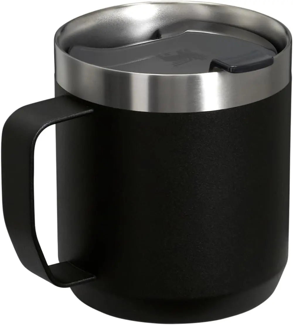 Insulated Stainless Steel Camp Mug with Press-Fit Lid, BPA-Free, Holds Coffee, Tea & Drinks, 12 oz Capacity in Black