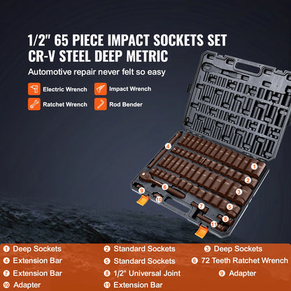 1/2" Drive Impact Socket Set  6 Point Cr-V Alloy Steel